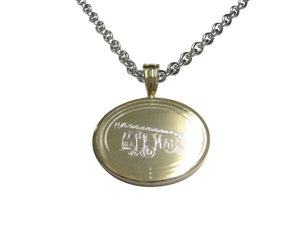 Gold Toned Etched Oval Sleek Fire Truck with Ladder Pendant Necklace