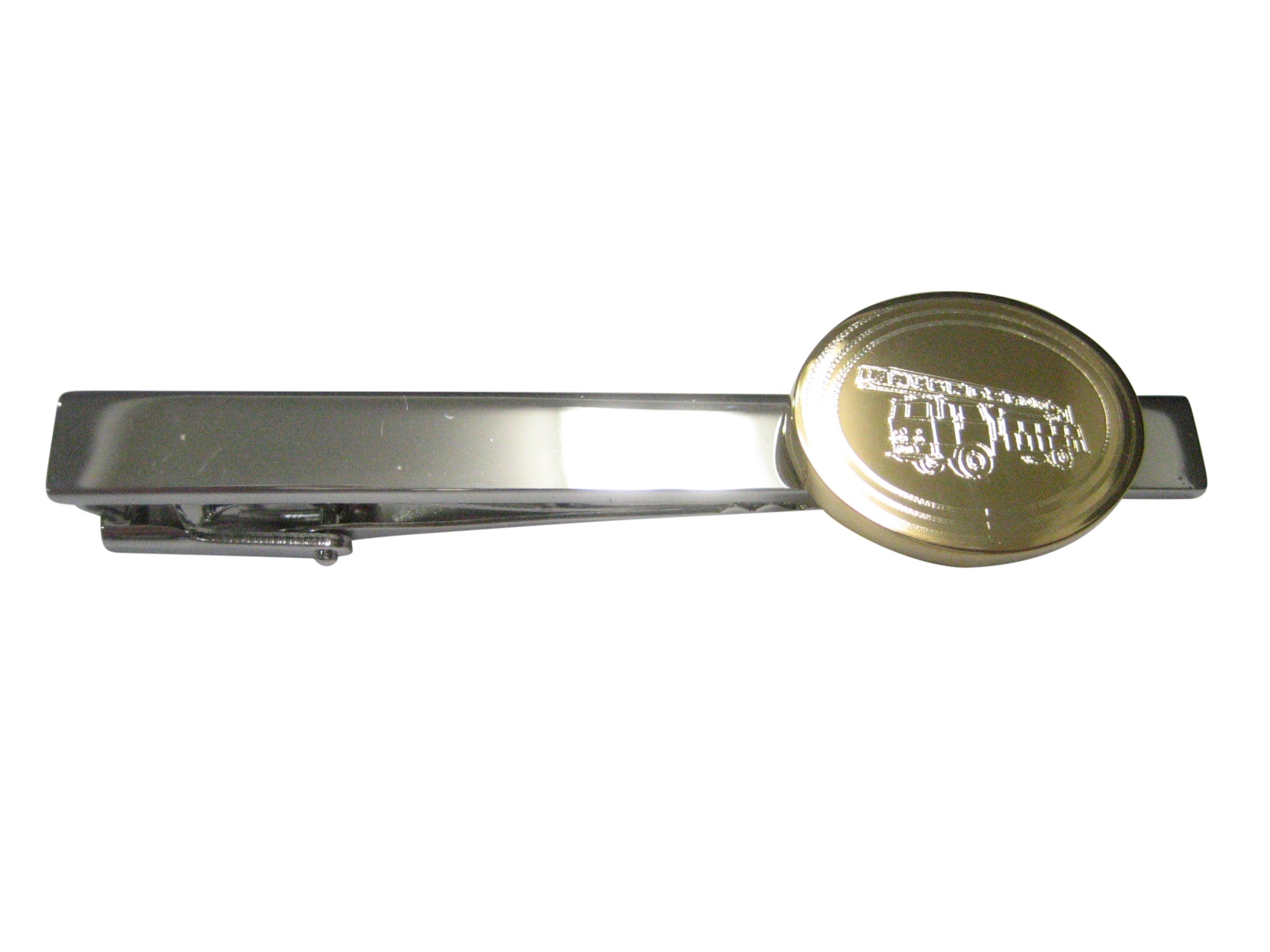 Gold Toned Etched Oval Sleek Fire Truck with Ladder Tie Clip