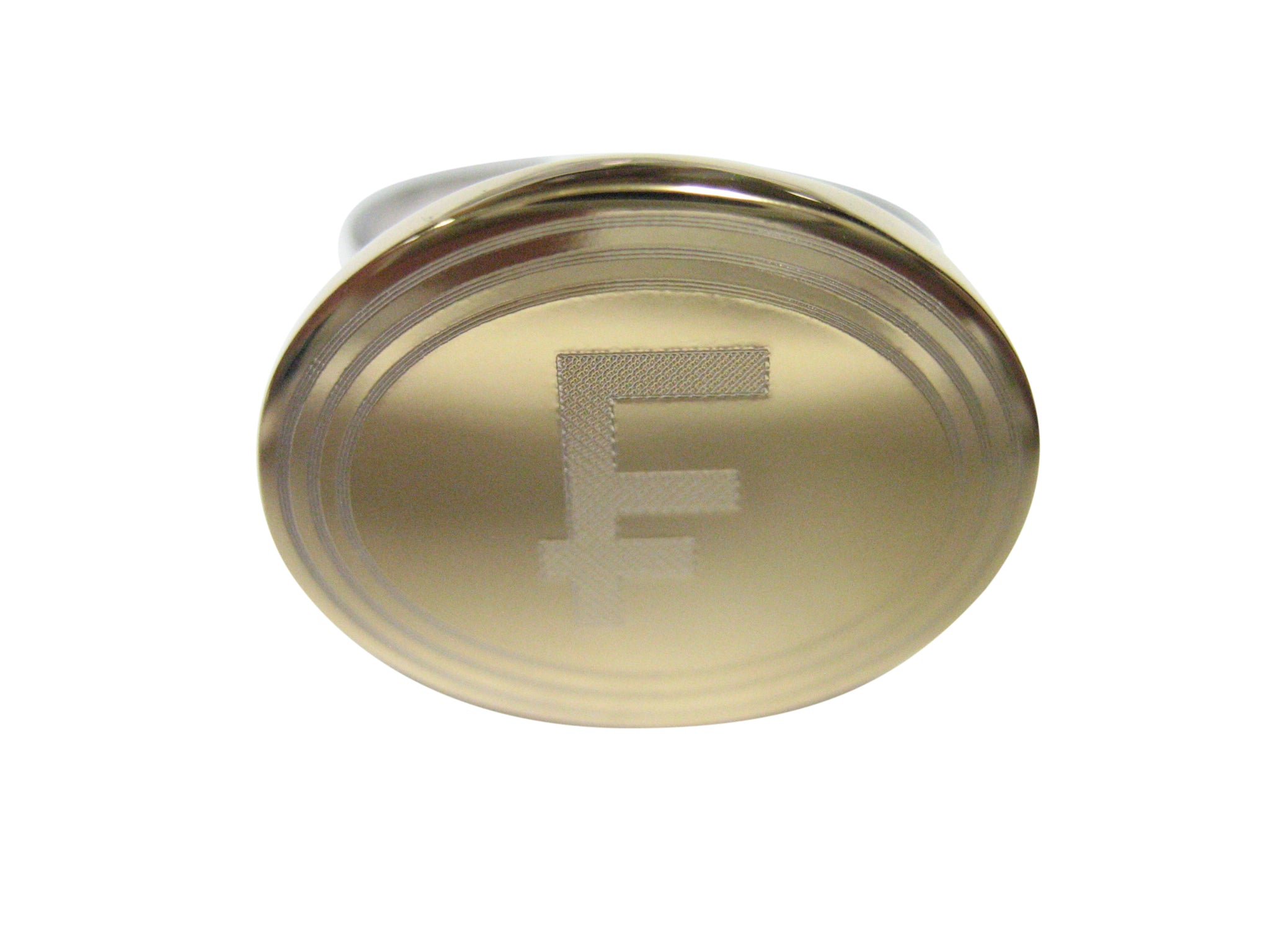 Gold Toned Etched Oval Swiss Franc Currency Sign Adjustable Size Fashion Ring