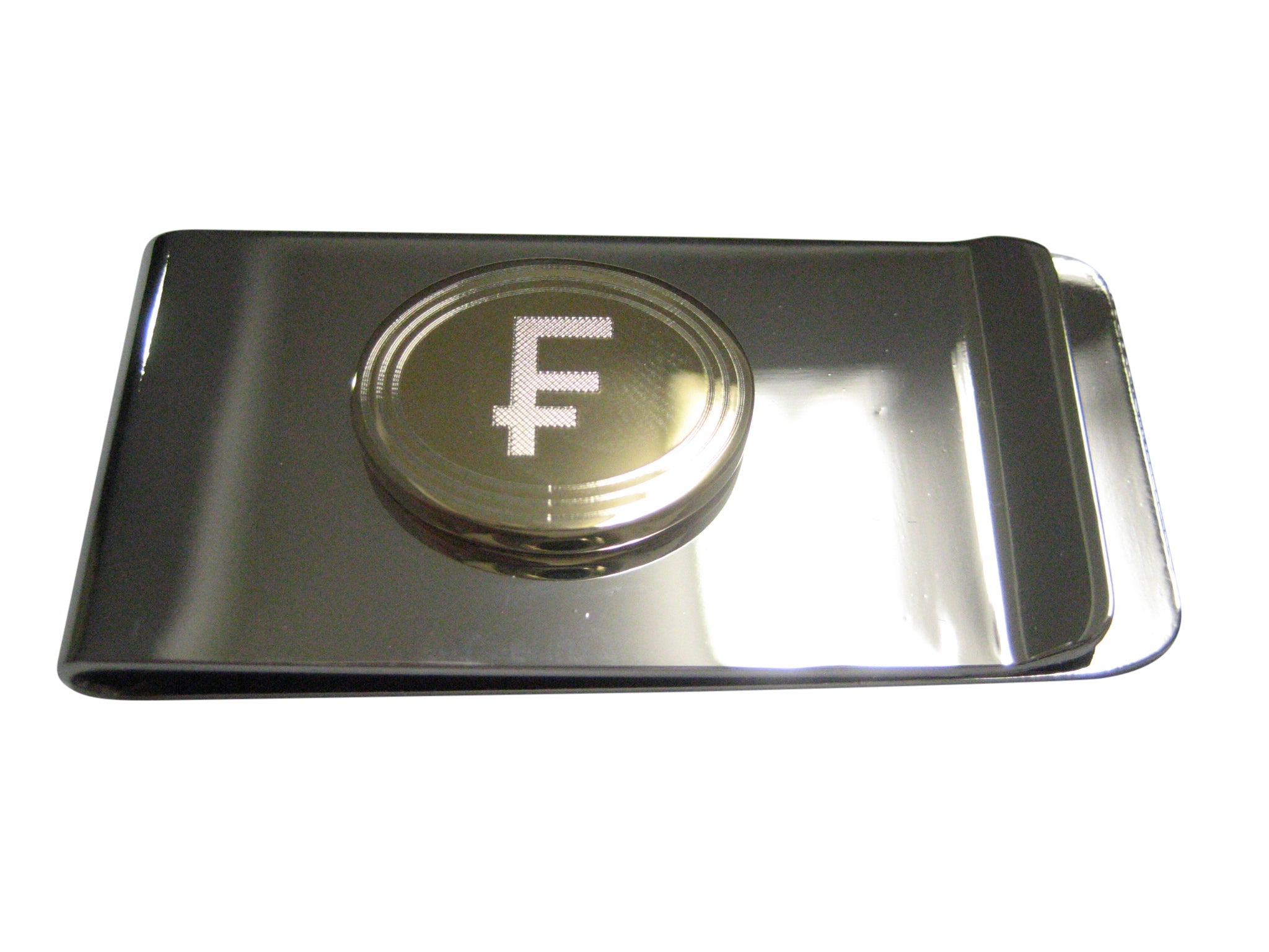 Gold Toned Etched Oval Swiss Franc Currency Sign Money Clip