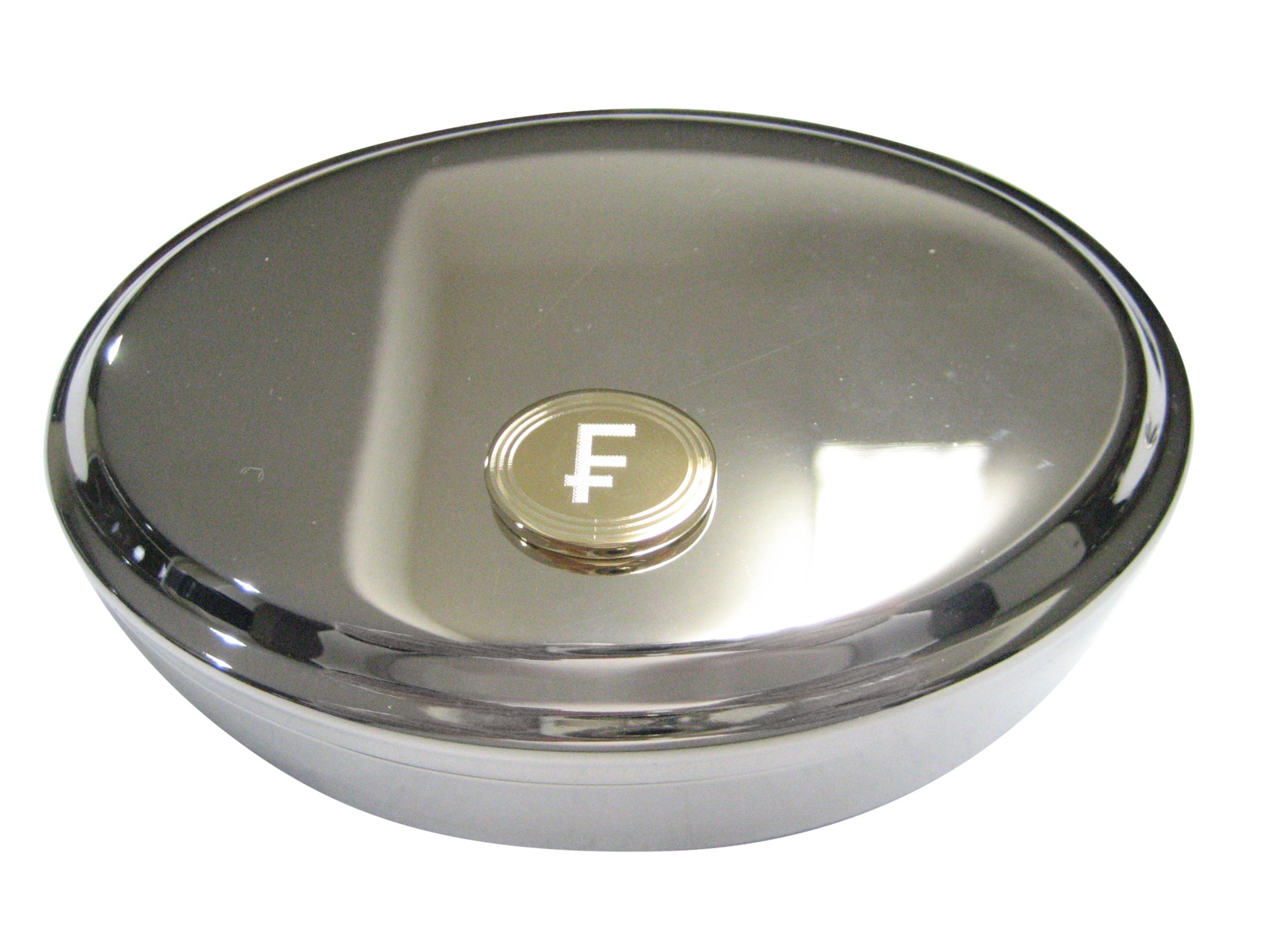 Gold Toned Etched Oval Swiss Franc Currency Sign Oval Trinket Jewelry Box