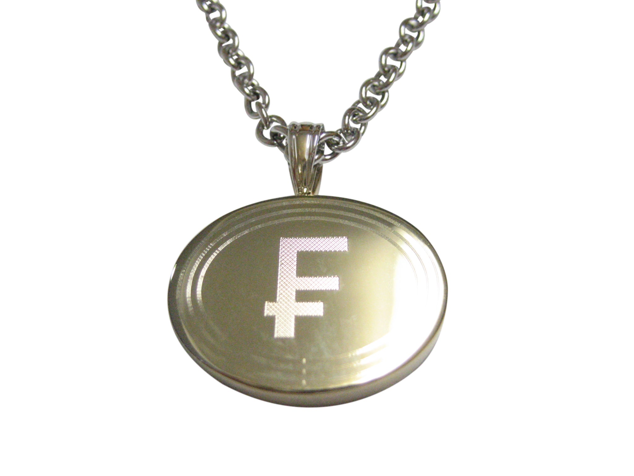 Gold Toned Etched Oval Swiss Franc Currency Sign Pendant Necklace