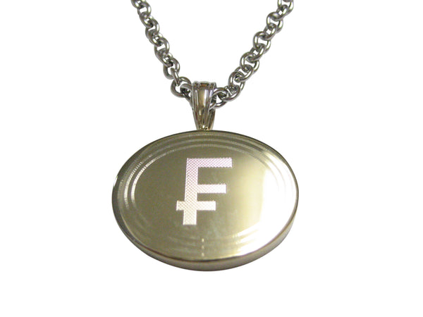 Gold Toned Etched Oval Swiss Franc Currency Sign Pendant Necklace