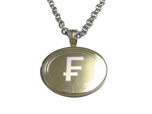 Gold Toned Etched Oval Swiss Franc Currency Sign Pendant Necklace