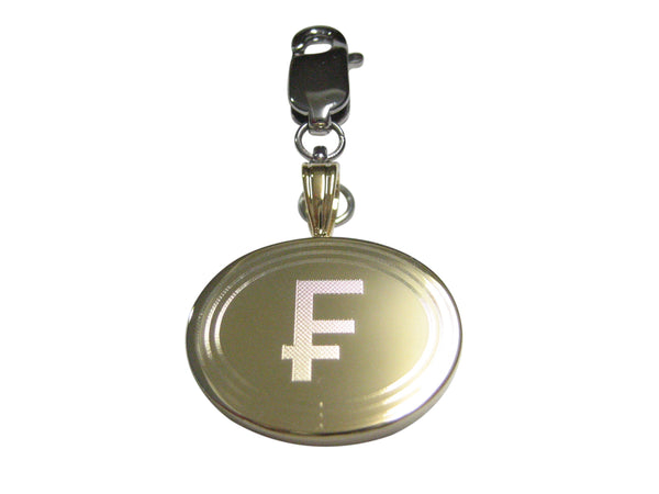 Gold Toned Etched Oval Swiss Franc Currency Sign Pendant Zipper Pull Charm
