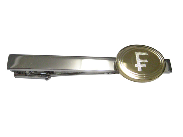 Gold Toned Etched Oval Swiss Franc Currency Sign Tie Clip