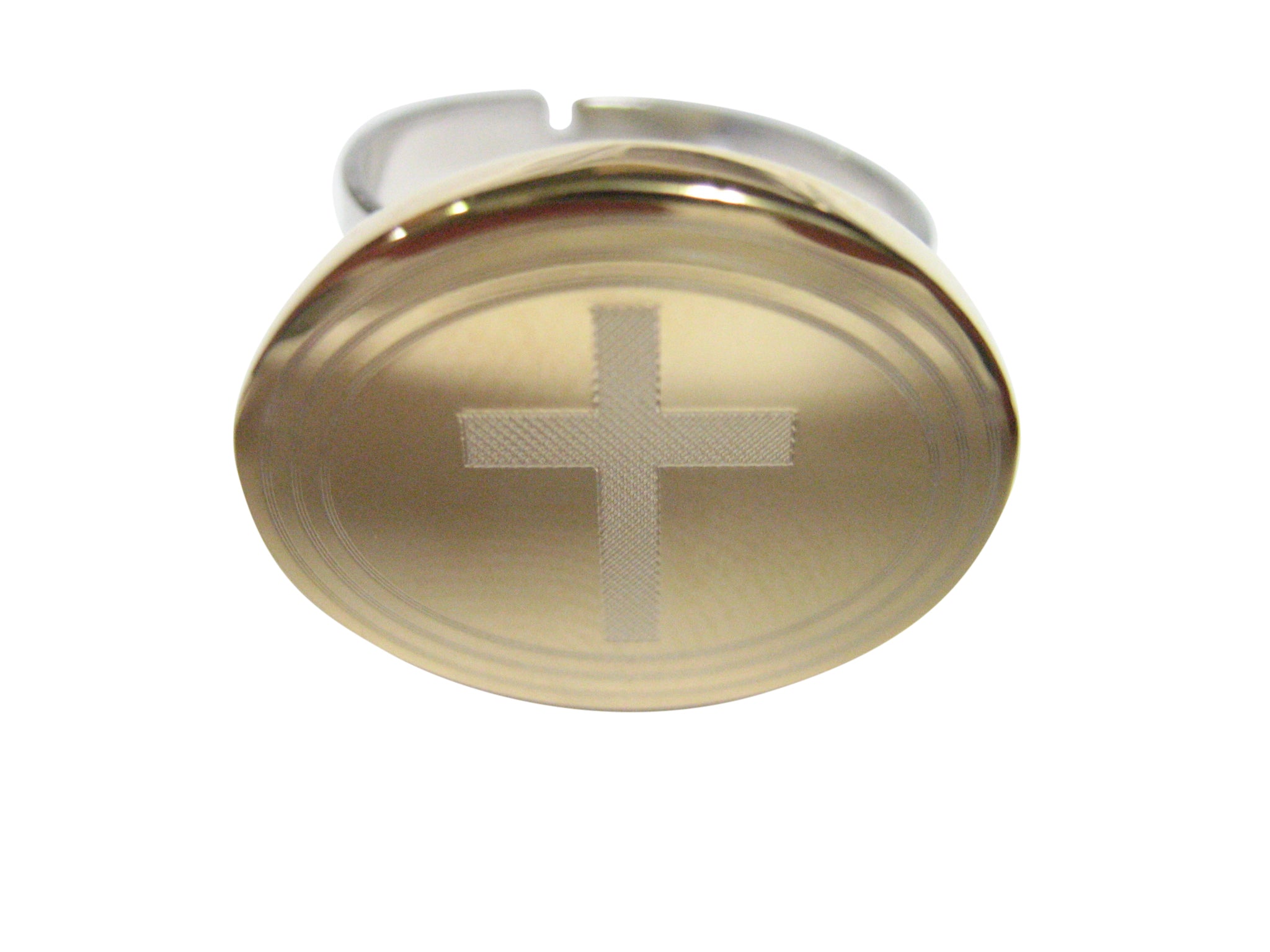 Gold Toned Etched Oval Thick Religious Cross Adjustable Size Fashion Ring
