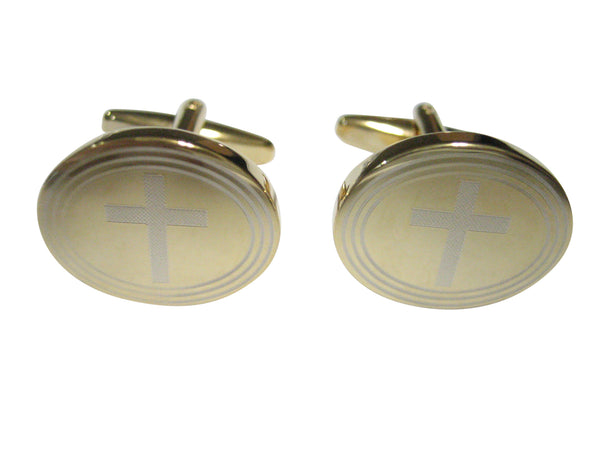 Gold Toned Etched Oval Thick Religious Cross Cufflinks
