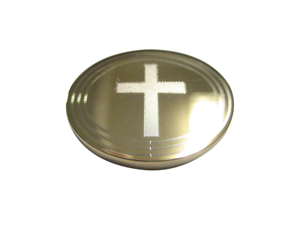 Gold Toned Etched Oval Thick Religious Cross Magnet