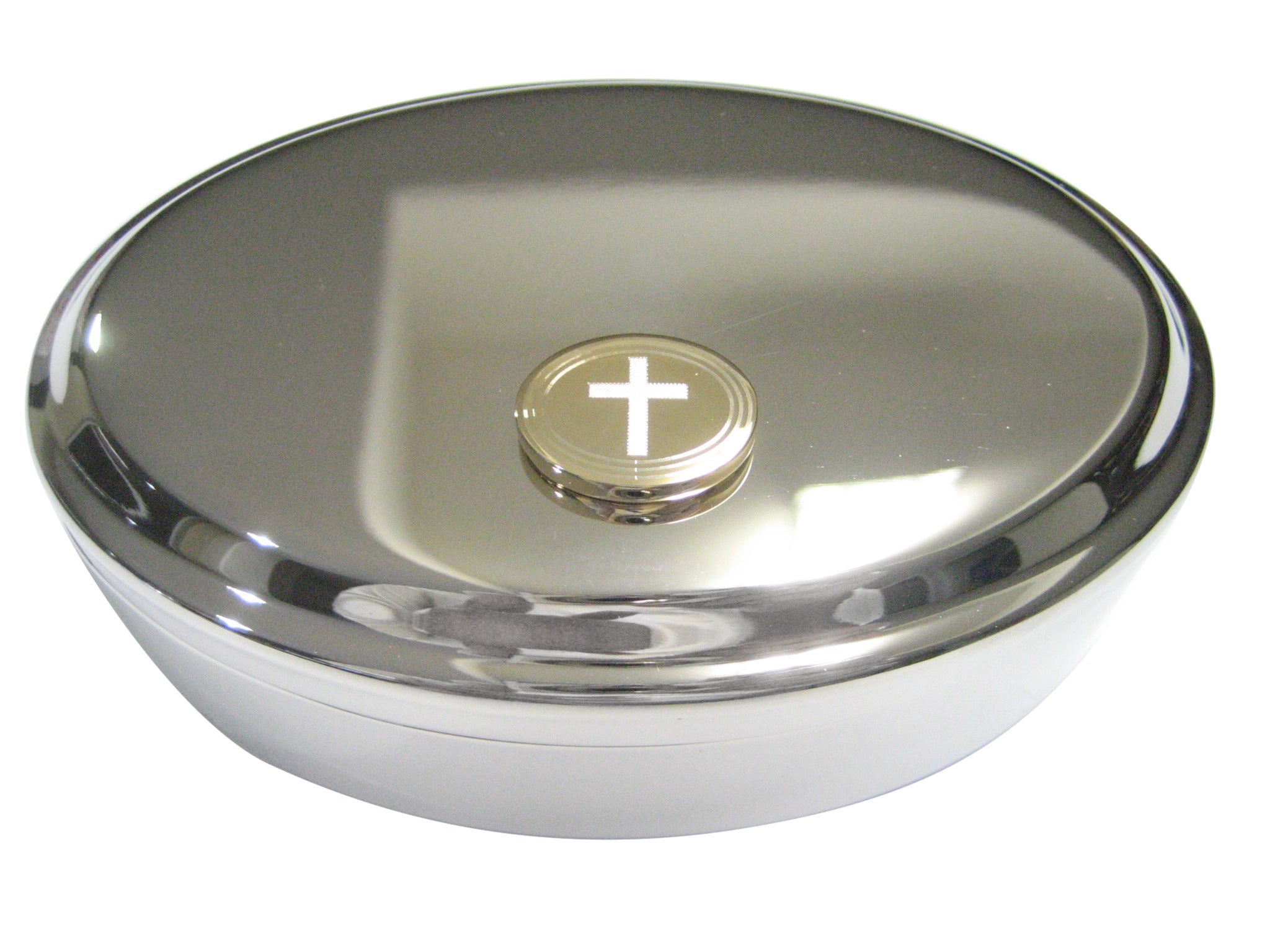 Gold Toned Etched Oval Thick Religious Cross Oval Trinket Jewelry Box