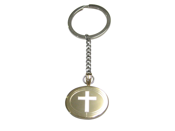 Gold Toned Etched Oval Thick Religious Cross Pendant Keychain