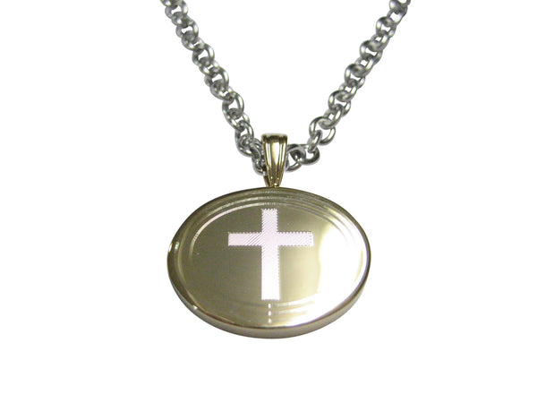 Gold Toned Etched Oval Thick Religious Cross Pendant Necklace