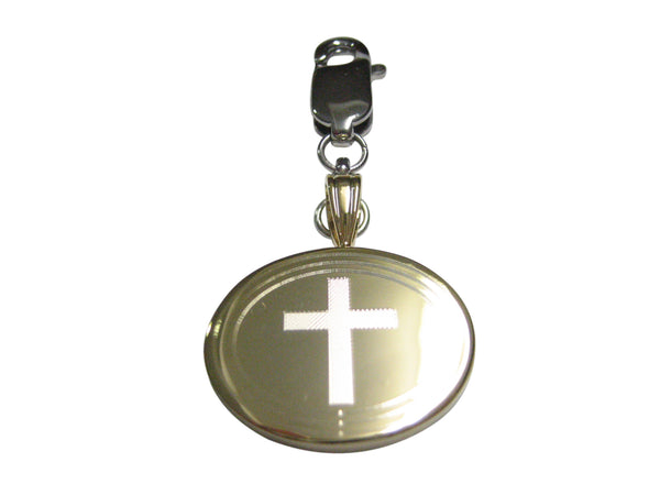 Gold Toned Etched Oval Thick Religious Cross Pendant Zipper Pull Charm