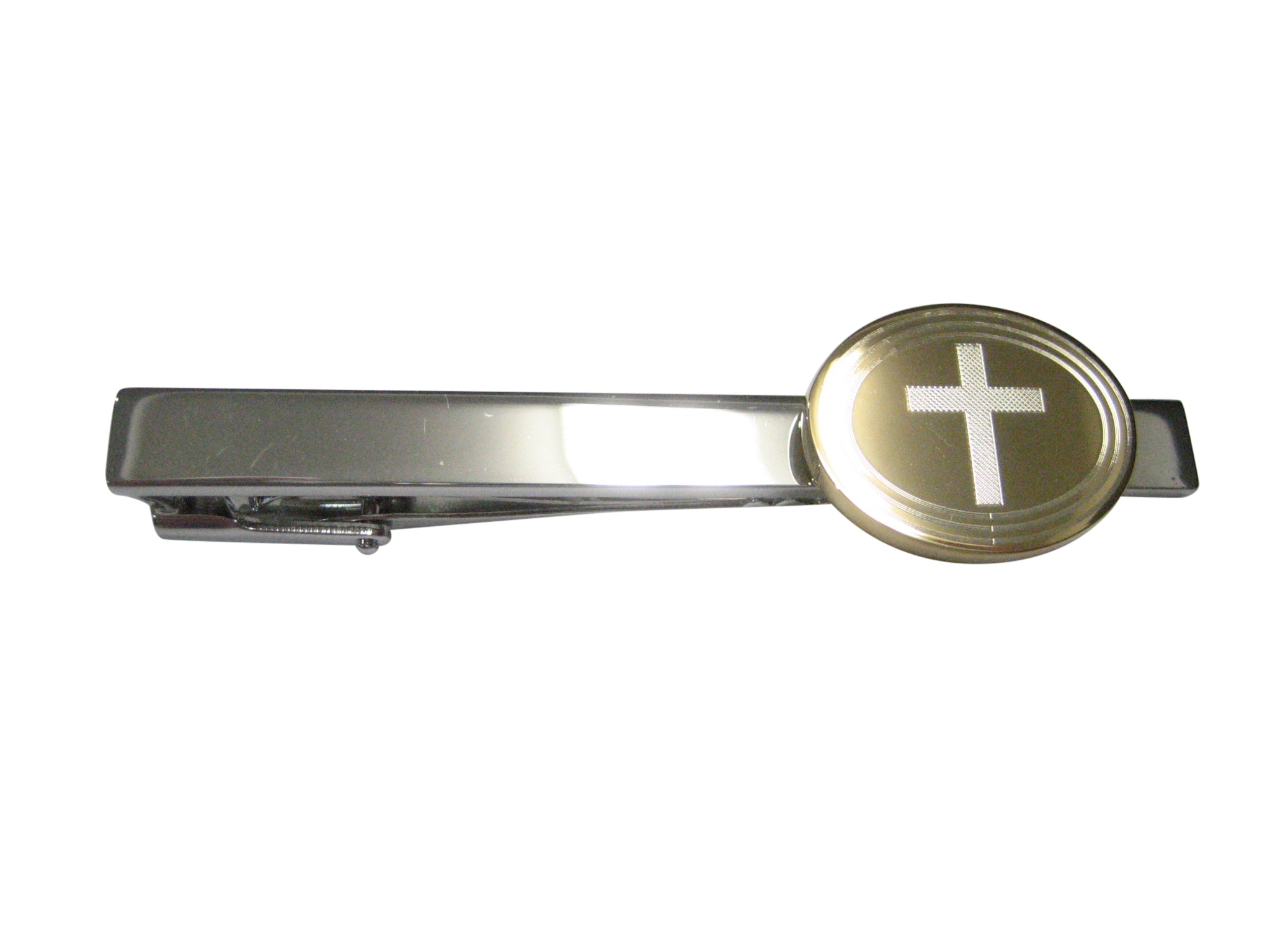 Gold Toned Etched Oval Thick Religious Cross Tie Clip