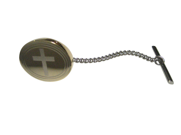 Gold Toned Etched Oval Thick Religious Cross Tie Tack
