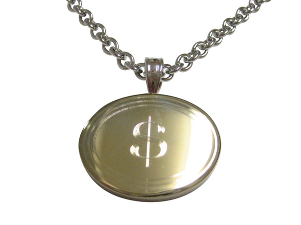 Gold Toned Etched Oval U.S. Dollar Sign Pendant Necklace