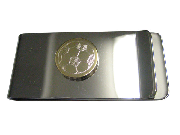 Gold Toned Etched Round Soccer Ball Money Clip