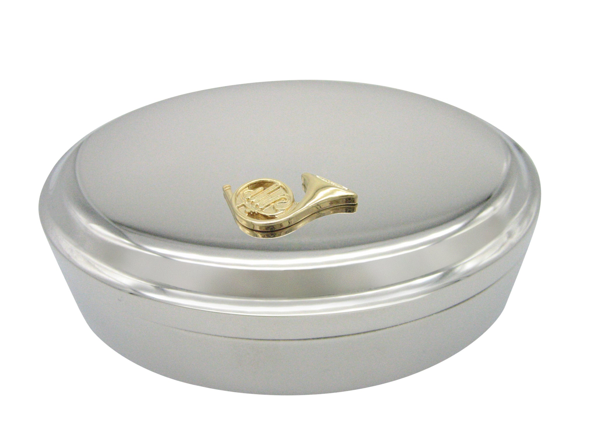 Gold Toned French Horn Pendant Oval Trinket Jewelry Box