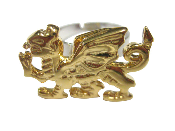 Gold Toned Glossy Welsh Dragon Adjustable Size Fashion Ring