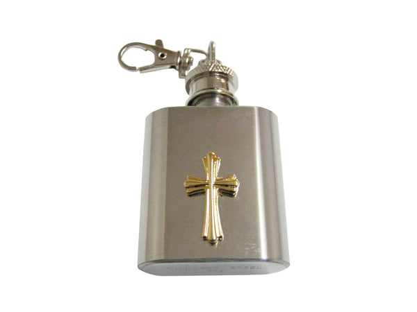 Gold Toned Intricately Detailed Cross 1 Oz. Stainless Steel Key Chain Flask