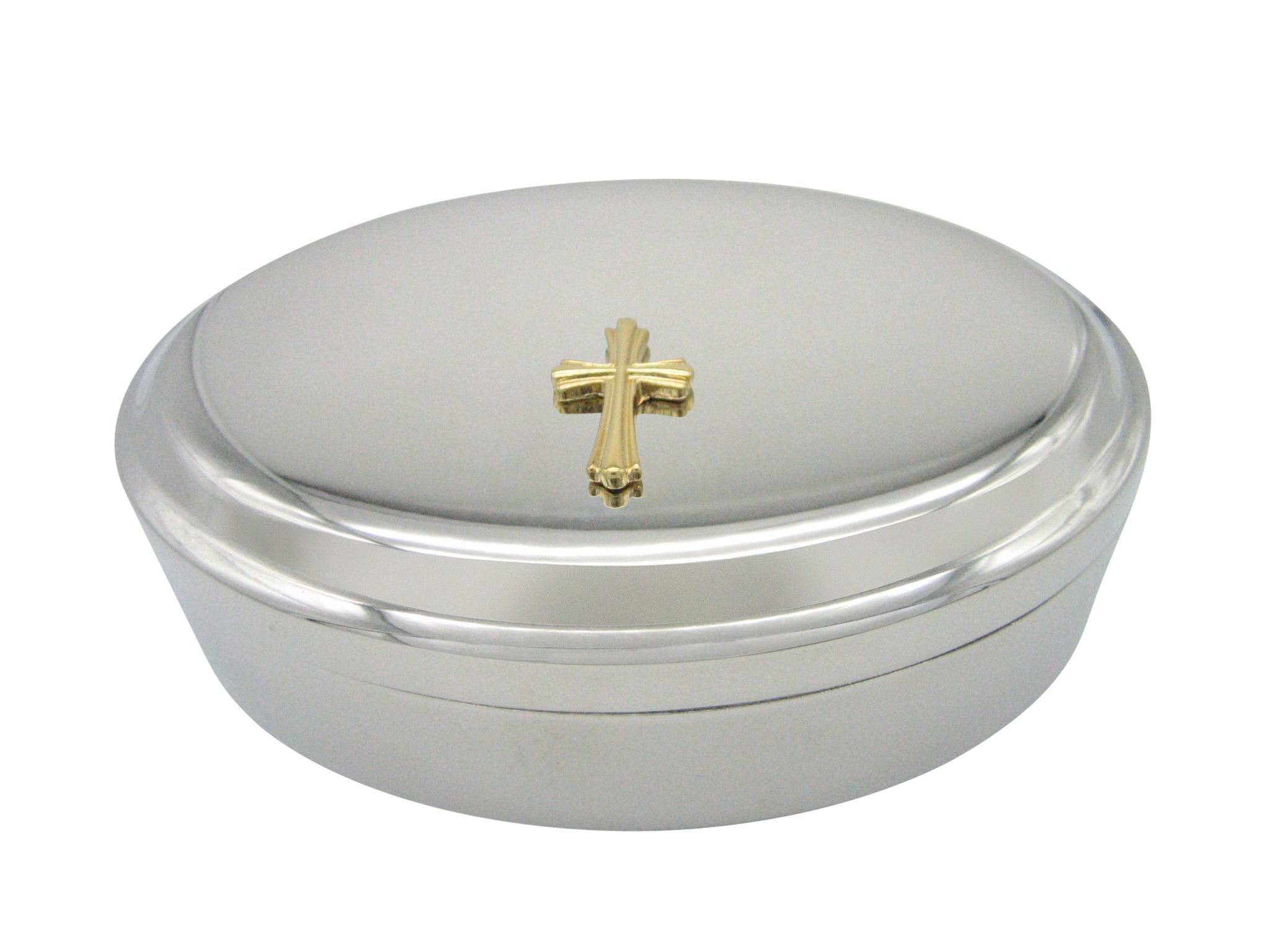 Gold Toned Intricately Detailed Cross Pendant Oval Trinket Jewelry Box