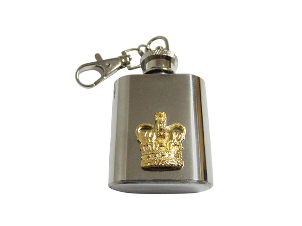 Gold Toned Large Full Crown 1 Oz. Stainless Steel Key Chain Flask