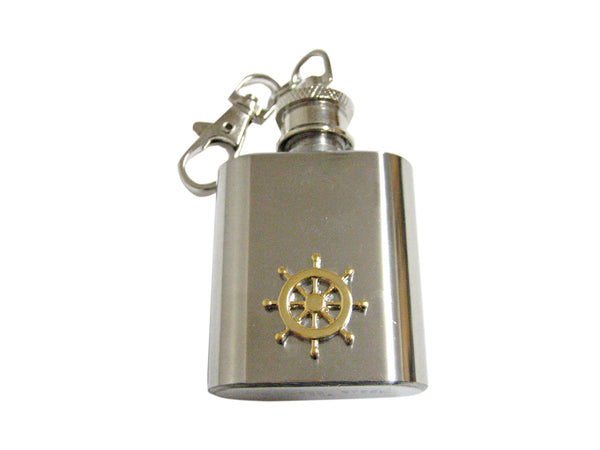 Gold Toned Nautical Steering Helm 1 Oz. Stainless Steel Key Chain Flask