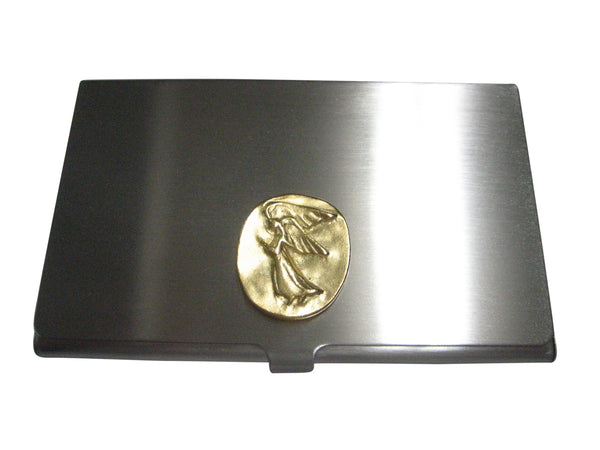 Gold Toned Oval Guardian Angel Business Card Holder
