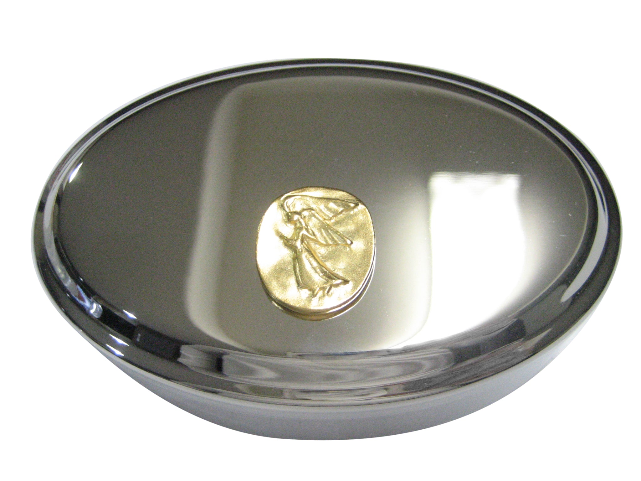 Gold Toned Oval Guardian Angel Oval Trinket Jewelry Box