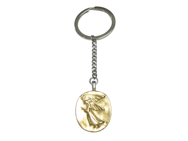 Gold Toned Oval Guardian Angel Pendant Keychain