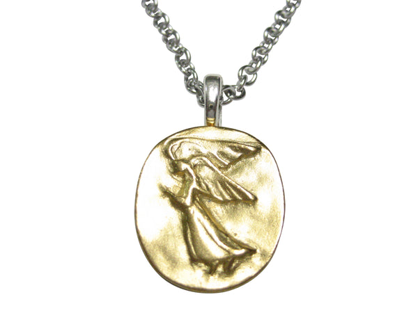 Gold Toned Oval Guardian Angel Pendant Necklace
