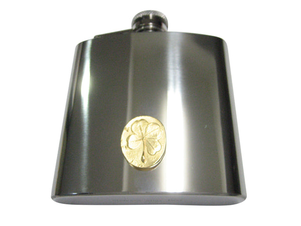 Gold Toned Oval Lucky Four Leaf Clover 6oz Flask