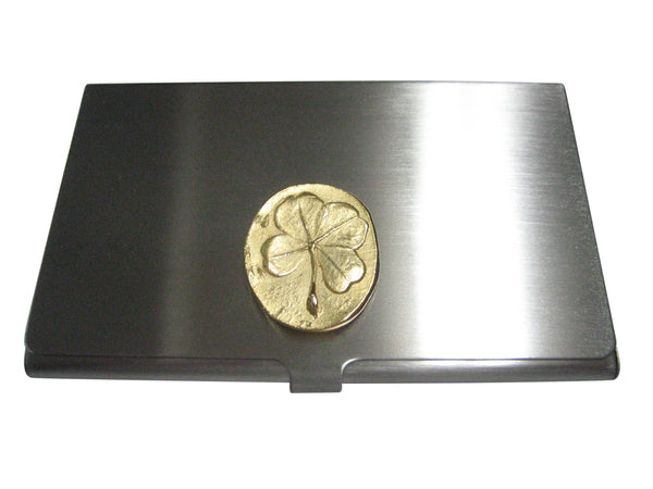 Gold Toned Oval Lucky Four Leaf Clover Business Card Holder