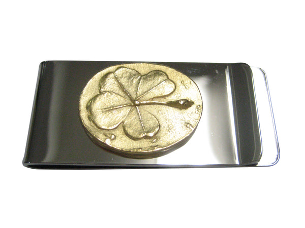 Gold Toned Oval Lucky Four Leaf Clover Money Clip