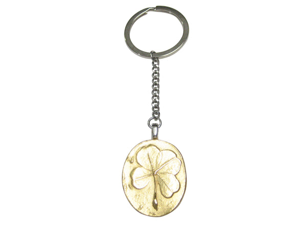 Gold Toned Oval Lucky Four Leaf Clover Pendant Keychain