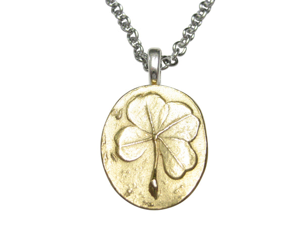 Gold Toned Oval Lucky Four Leaf Clover Pendant Necklace