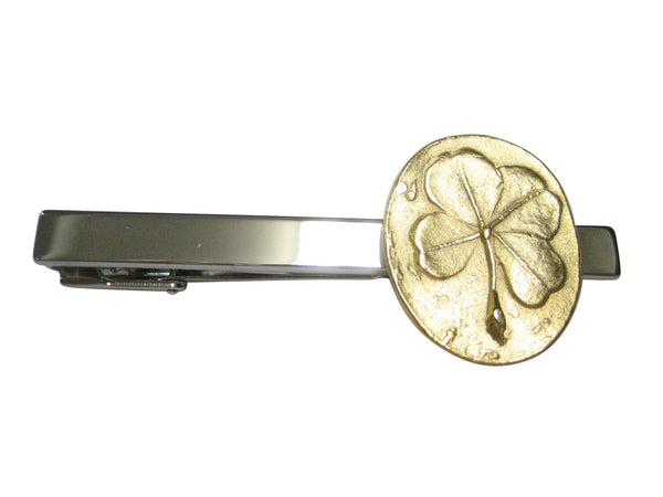 Gold Toned Oval Lucky Four Leaf Clover Tie Clip