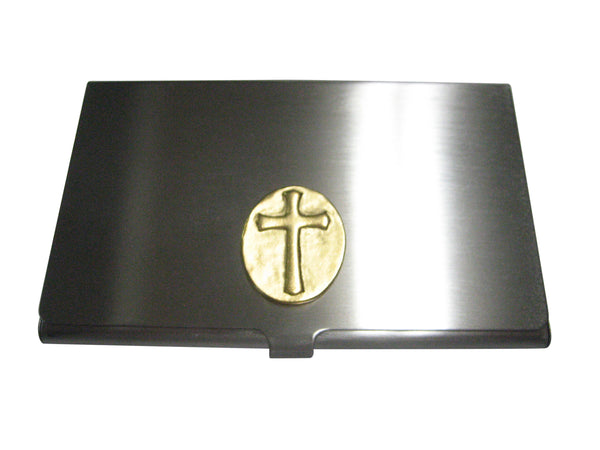Gold Toned Oval Religious Cross Business Card Holder