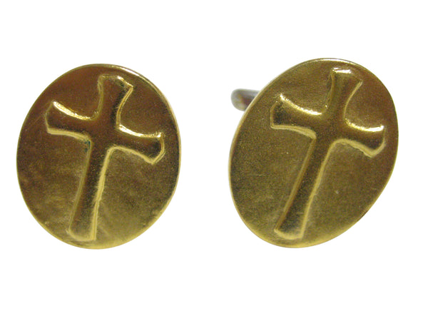 Gold Toned Oval Religious Cross Cufflinks