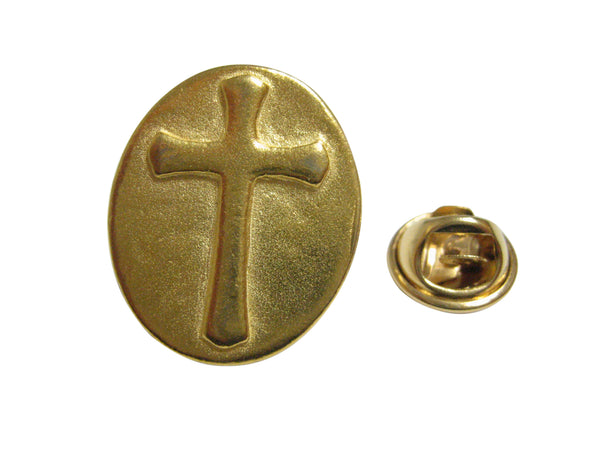 Gold Toned Oval Religious Cross Lapel Pin