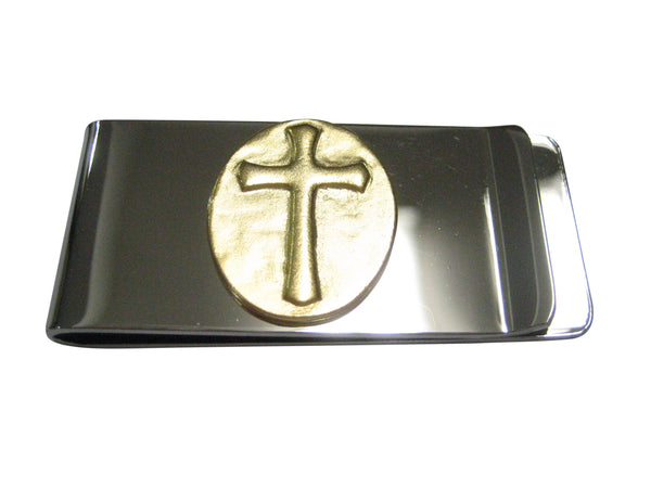 Gold Toned Oval Religious Cross Money Clip