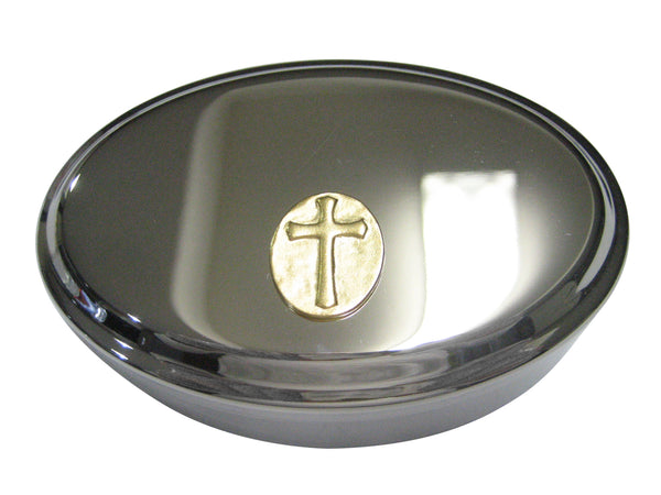 Gold Toned Oval Religious Cross Oval Trinket Jewelry Box