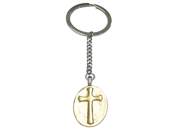 Gold Toned Oval Religious Cross Pendant Keychain