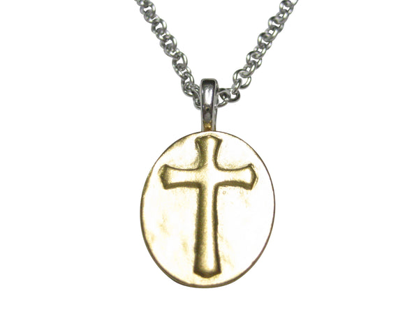 Gold Toned Oval Religious Cross Pendant Necklace