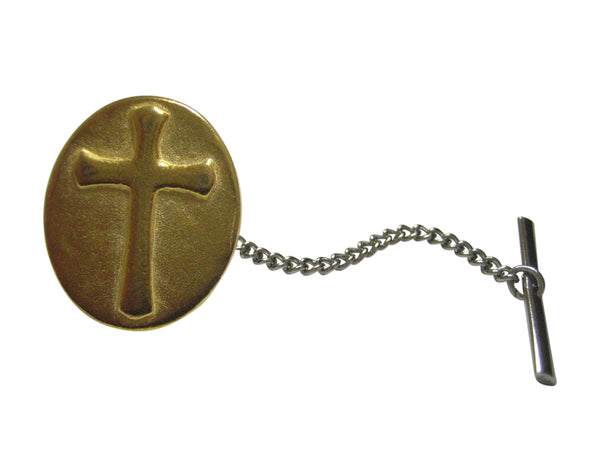 Gold Toned Oval Religious Cross Tie Tack