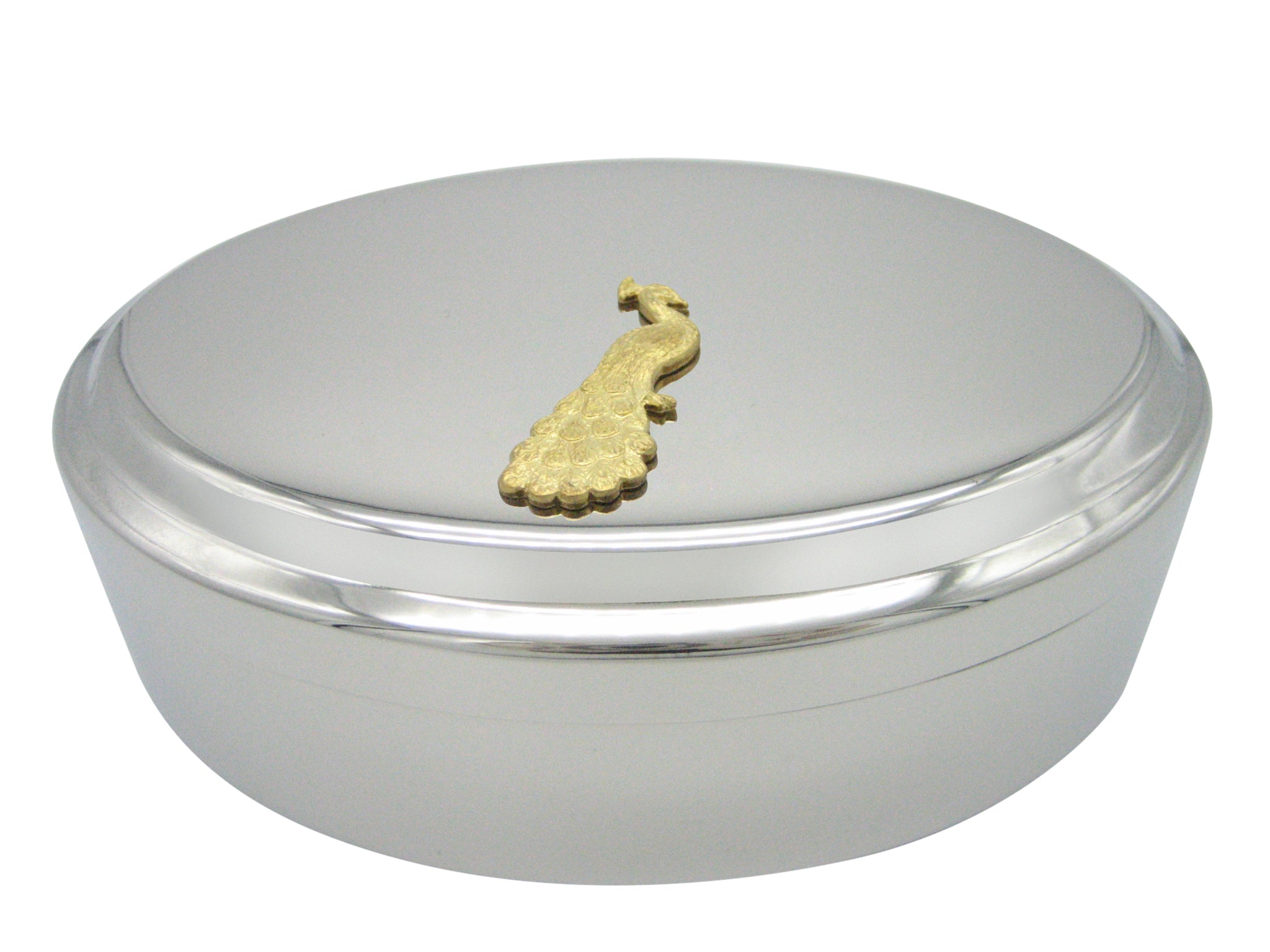 Gold Toned Peacock Bird Pendant Oval Trinket Jewelry Box