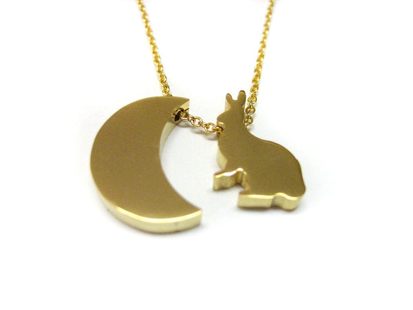 Gold toned Rabbit and Moon Necklace
