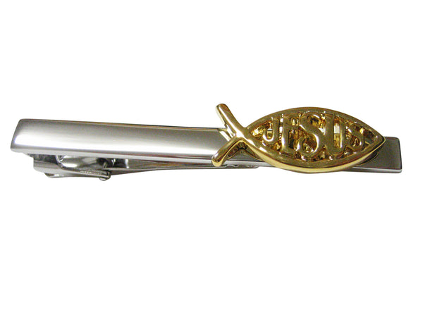 Gold Toned Religious Ichthys Jesus Fish Square Tie Clip