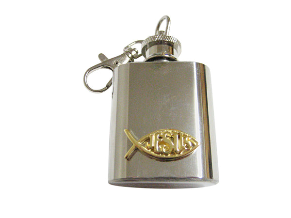 Gold Toned Religious Jesus Ichthys Fish 1 Oz. Stainless Steel Key Chain Flask