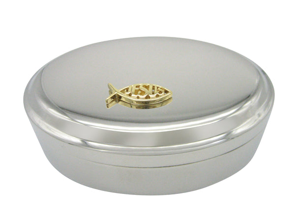 Gold Toned Religious Jesus Ichthys Fish Pendant Oval Trinket Jewelry Box